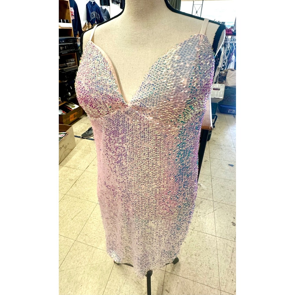 Fashion Nova Womens 1X Iridescent Sequin Mini Dress Pink White V-Neck NWT